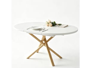 Table à manger extensible 100-140 x 100 cm, 4-6 personnes, pieds croisés, blanc et bois