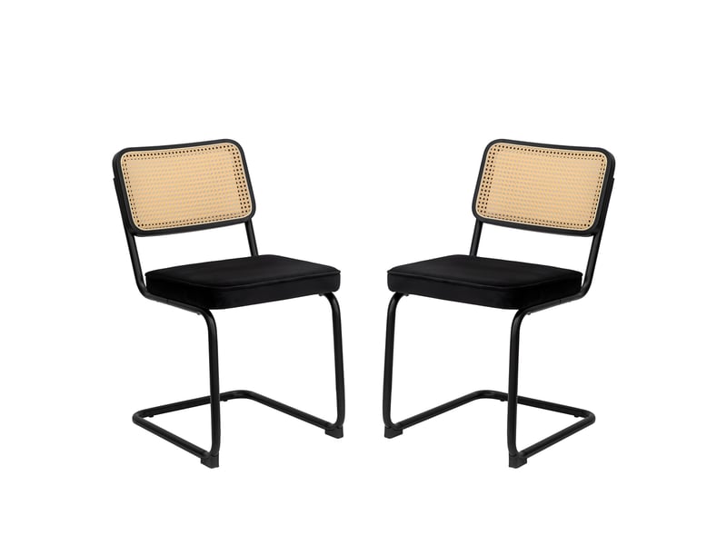  Lot de 2 chaises de salle à manger cantilever – 46,5 x 53,1 x 84,1 cm – dossier cannage en rotin &amp; assise velours – structure métal chromé - noir  - Conforama A