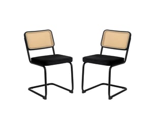 Lot de 2 chaises de salle à manger cantilever – 46,5 x 53,1 x 84,1 cm – dossier cannage en rotin & assise velours – structure métal chromé - noir