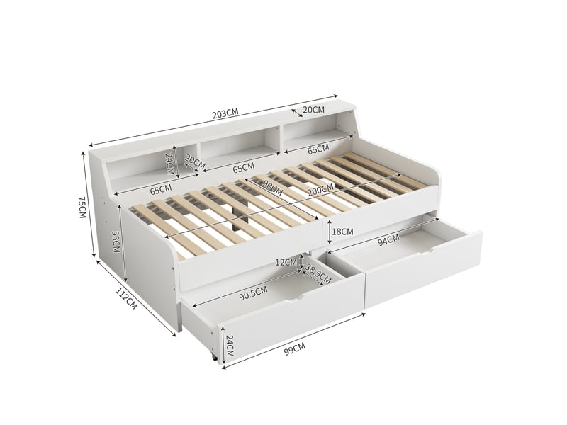  Lit simple 90x200 cm avec 2 tiroirs et 3 niches blanc  - Conforama C