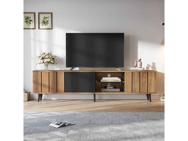  Meuble tv bois naturel et noir, meuble tv pour écran jusqu'à 75 pouces, 3 portes et niche centrale, 175 x 31,5 x 45 cm  - Conforama E
