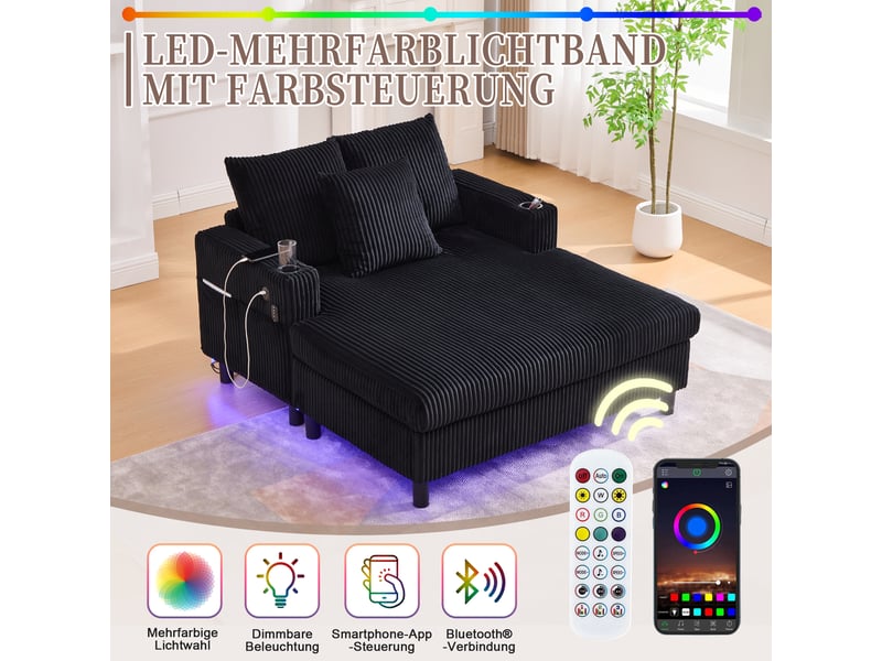  Méridienne avec ports usb, éclairage led et porte-gobelets, design ergonomique en velours côtelé noir  - Conforama E