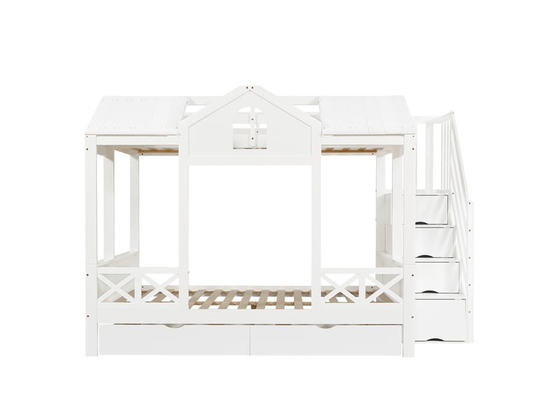  Lit superposé, lit enfant, deux tiroirs à roulettes, belles fenêtres et toit, placard sous l'escalier avec 4 compartiments de rangement, pin + mdf + contreplaqué, blanc, 90x200cm et 140x200cm  - Conforama D