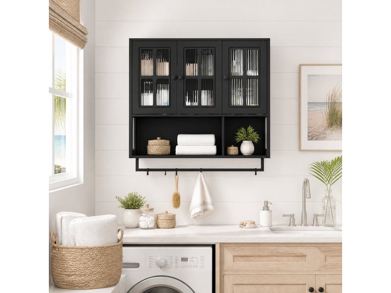 Armoire de salle de bain murale avec 3 portes, niche ouverte et porte-serviettes, en mdf et verre noir, 88 × 26 × 82,5 cm - Conforama D