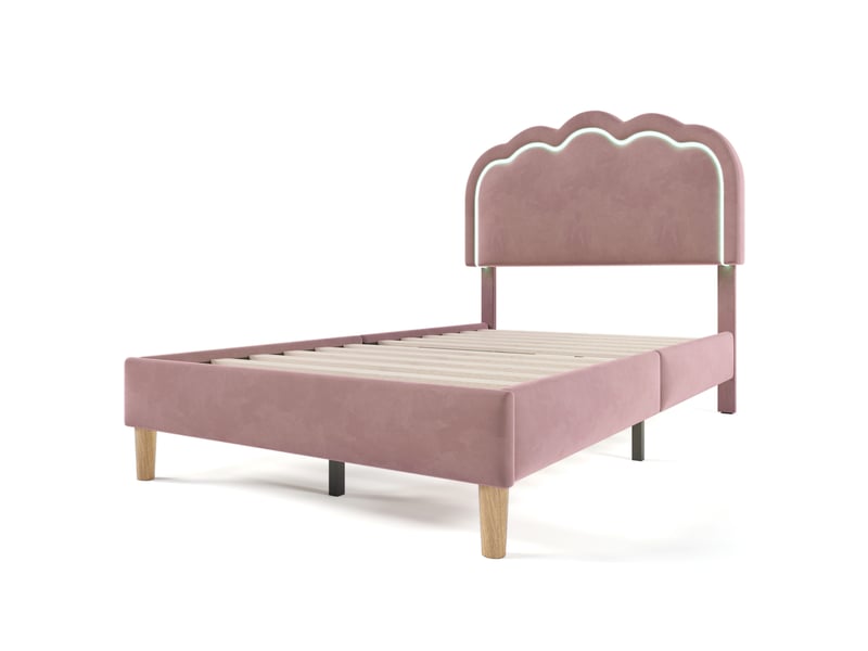  Lit simple rembourré en velours rose 90 x 200 cm, tête réglable, sommier à lattes et led  - Conforama E