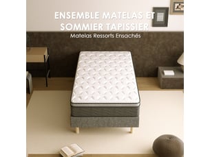 Sommier tapissé gris 90x200 + matelas ressorts ensachés 25 cm, 6 pieds fournis