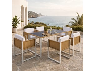 Ensemble table et chaise de jardin avec 1 table et 6 chaises, rotin pe, fer et verre trempé, marron et blanc