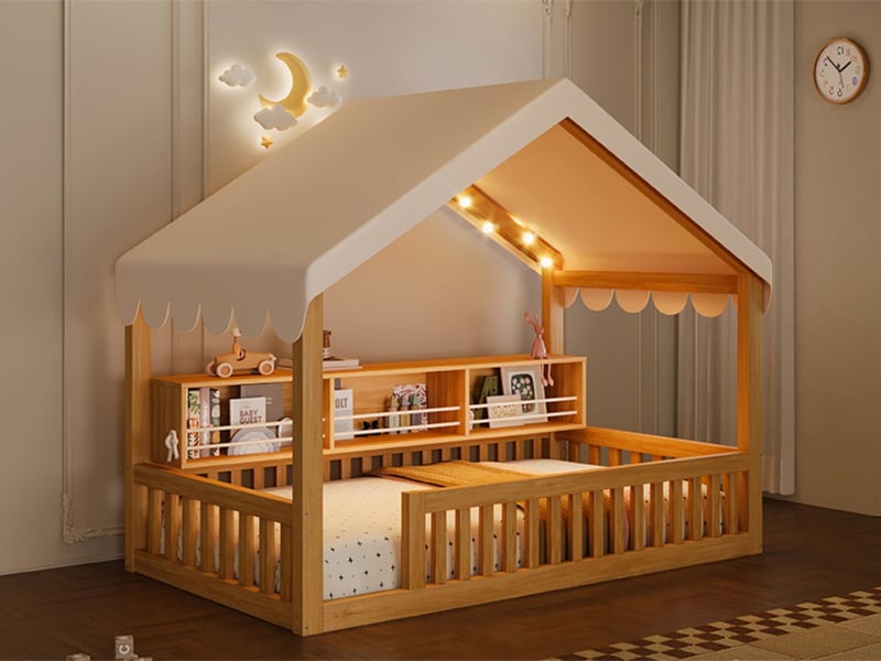  Lit cabane 90x200 cm en bois naturel avec ciel de lit, guirlande led, bibliothèque et barrières de sécurité  - Conforama B