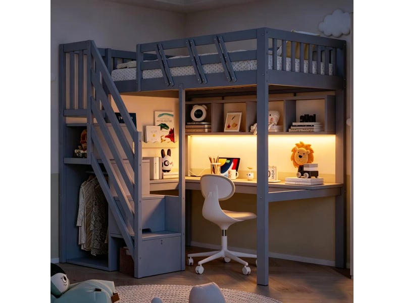  Lit mezzanine 90x200 cm en bois avec bureau, escalier avec rangements, led, prise usb, étagères, lit enfant ado multifonction - gris  - Conforama E