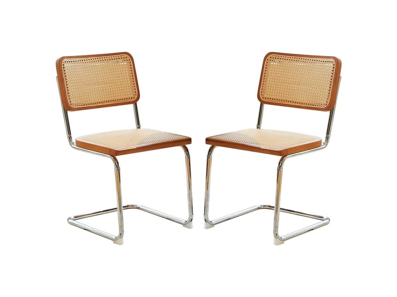 Chaise de salle à manger lot de 2 53 x 46,4 x 84,6 cm, dossier rotin, pieds acier chromé pour cuisine et salon - marron et bois - Conforama A