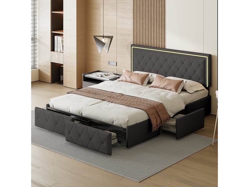  Lit adulte 140 x 200 avec sommier - 4 tiroirs de rangement - éclairage led d'ambiance - pu - gris  - Conforama B