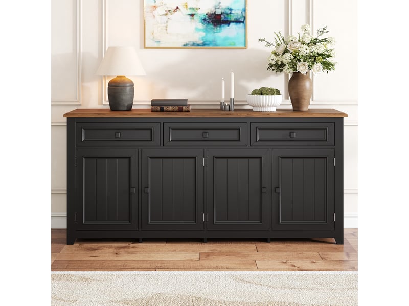 Buffet avec 4 portes, 3 tiroirs et étagères réglables pour salon en mdf 160×35×76 cm noir - Conforama B