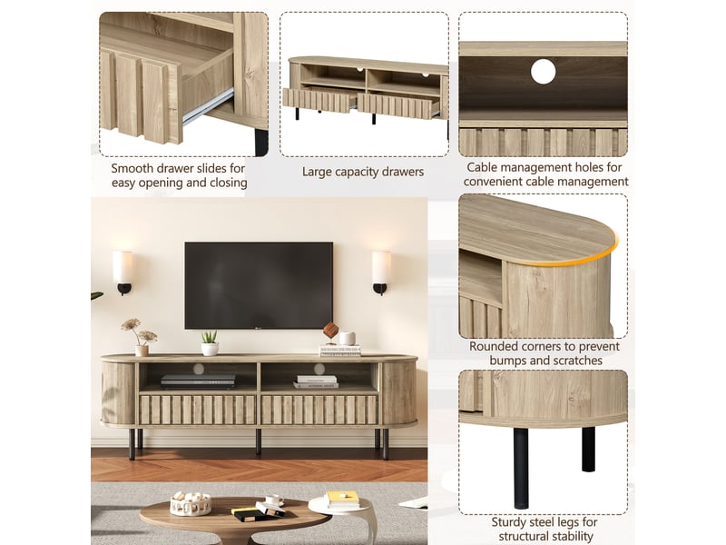  Meuble tv 160 x 40 x 48 cm – 2 placards et 2 tiroirs – mdf – 5 pieds – jusqu’à 65 pouces – bois naturel  - Conforama D