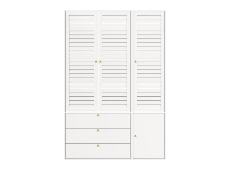  Armoire 3 portes à lamelles élégantes, 135 x 50 x 200 cm, 1 porte-pantalon, 2 tringles et 3 tiroirs, pour chambre et chambre d'enfant, blanc  - Conforama A