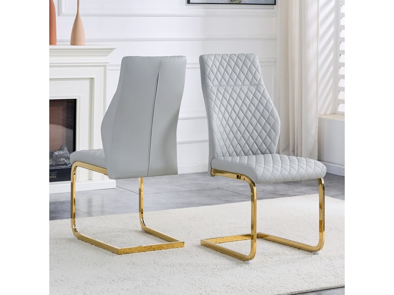  Lot de 2 chaises de salle à manger à dossier haut  - rembourrage 5 cm, pu gris clair et métal doré  - Conforama C