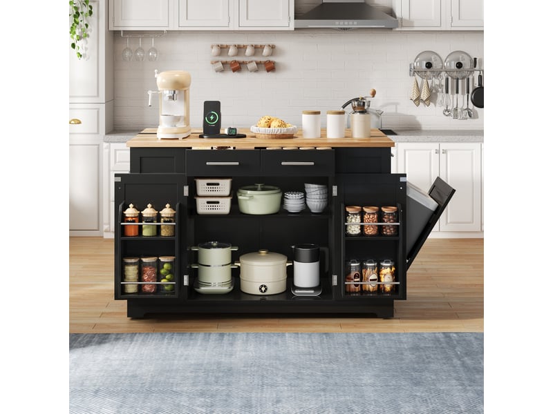  Îlot de cuisine 138x86x92 cm avec plateau rabattable, noir et bois naturel  - Conforama B