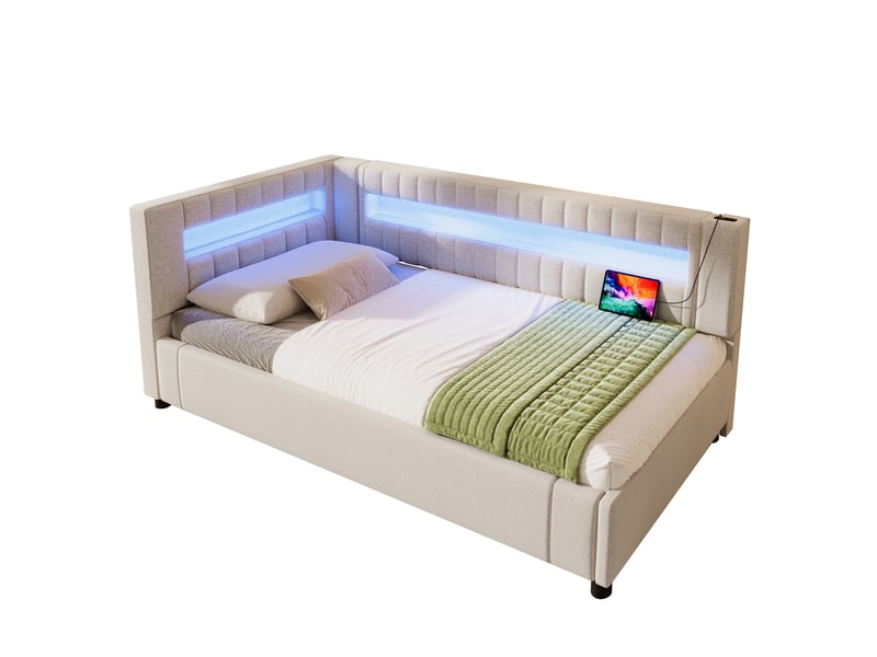  Lit de jour 90x200 banquette lit en lin beige avec rangement hydraulique et led  - Conforama A