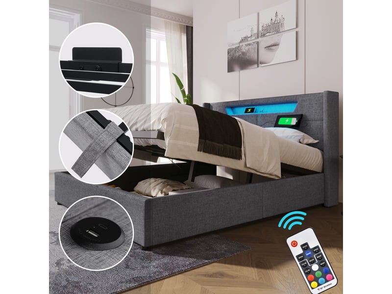  Lit capitonné 140x200cm pour chambre, éclairage led, ports usb type-c et rangement, gris, sans matelas  - Conforama D