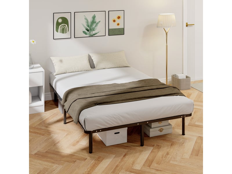  Cadre de lit 140 x 190 cm, lit 2 personnes en bois massif avec sommier à lattes et pied, rangement au-dessous, noir  - Conforama C