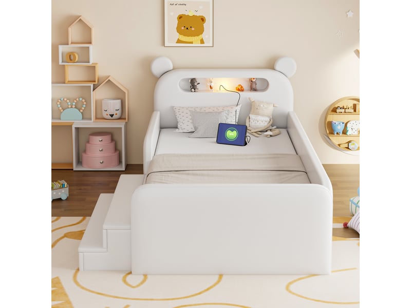  Lit enfant 90x200 cm blanc en similicuir avec tête de lit ours, veilleuse, usb et rangement  - Conforama R