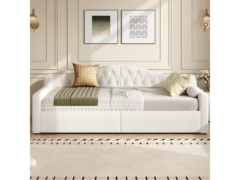  Lit jour avec rangement et bandeau led en mdf contreplaqué et lin beige 140x20  - Conforama E