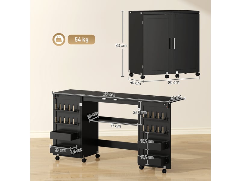  Table de couture pliable sur roulettes - 4 bacs, 20 porte-bobines, étagère - noir  - Conforama C