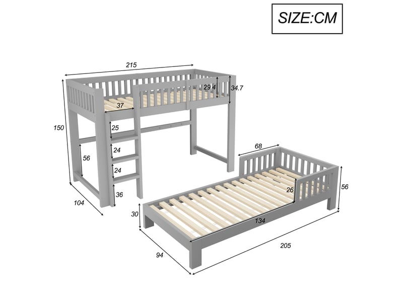  Lit superposé enfant 90 × 200 cm 2 places modulable avec barrières et sommiers, sans matelas, en bois gris  - Conforama D