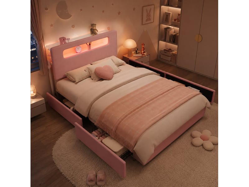  Lit avec rangement enfant 140x200 cm en velours rose avec 4 tiroirs et éclairage led  - Conforama B