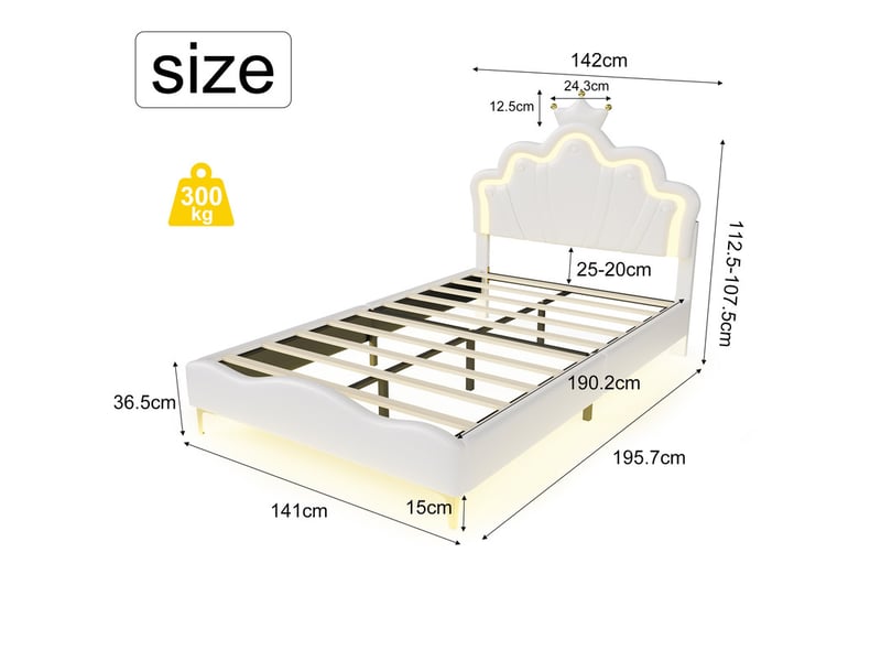 Lit enfant 2 places 140x190 cm, lit double avec tête de lit réglable couronne, led, pu blanc - Conforama C