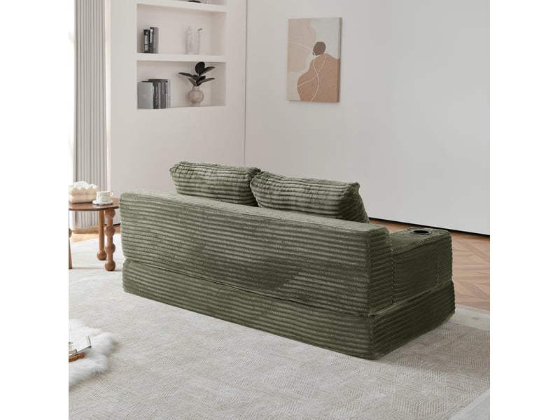  Canapé-lit 2 places convertible avec porte-gobelets et poches de rangement, velours côtelé vert sans matelas, 300 kg  - Conforama E
