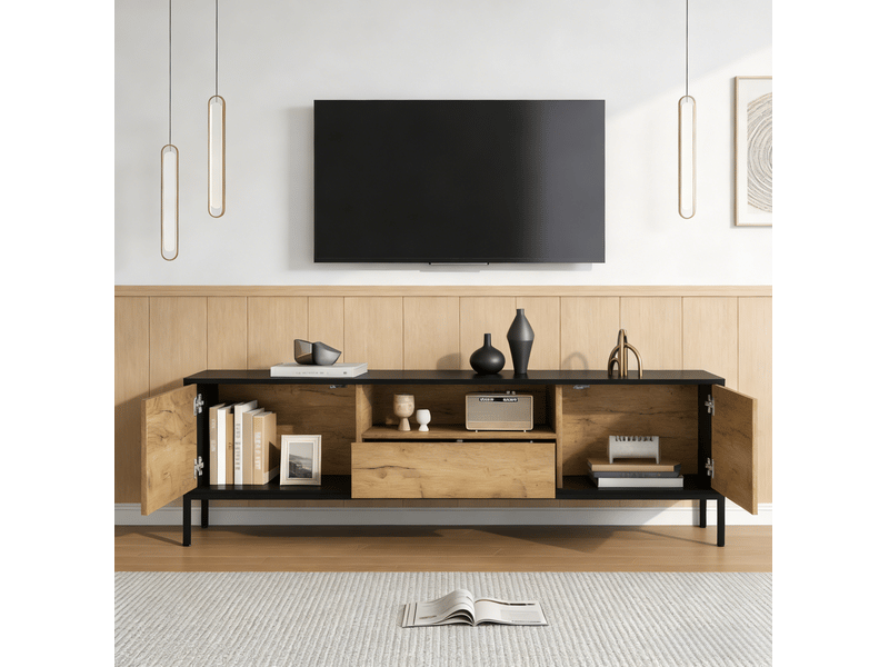  Meuble tv tcqpz 170 x 35 x 50 cm pour tv jusqu'à 70 pouces en panneau de particules chêne et noir avec 2 portes 1 tiroir  - Conforama E