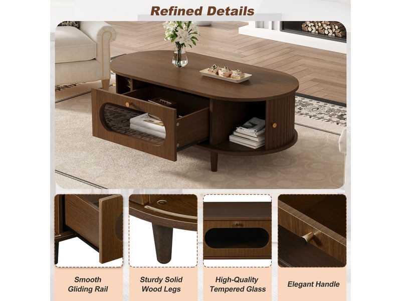  Table basse noyer 100x50 cm avec tiroir et portes coulissantes, design minimaliste pour salon  - Conforama R