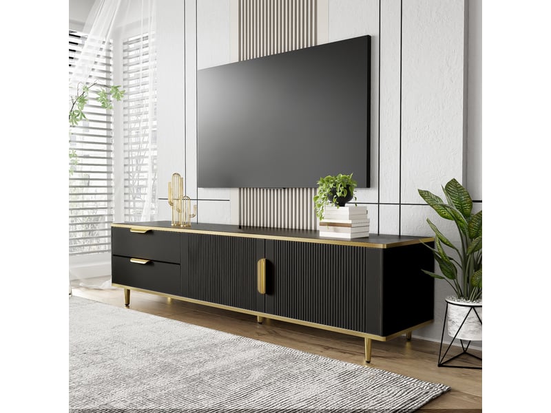  Meuble tv avec 2 tiroirs et 2 portes sculptées, poignées dorées pour salon, 170×37×45 cm, en mdf, noir et or  - Conforama E