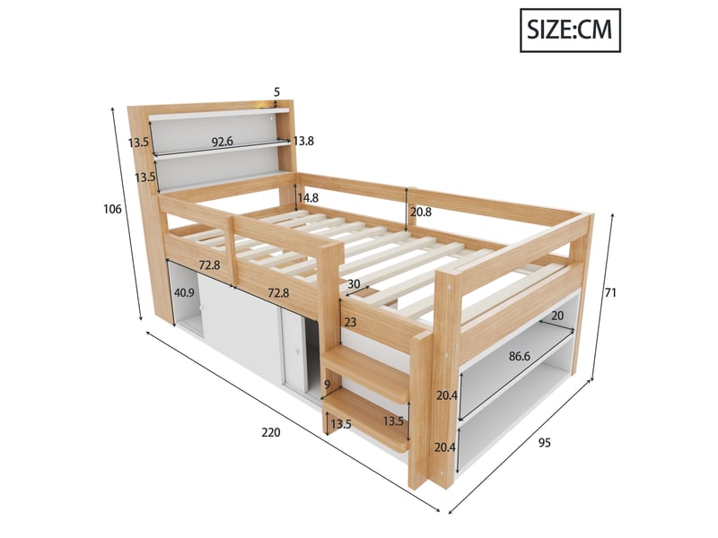 Lit enfant 90x200 cm avec rangements, portes coulissantes, led, usb, barrières, bois, bois naturel sans matelas - Conforama C