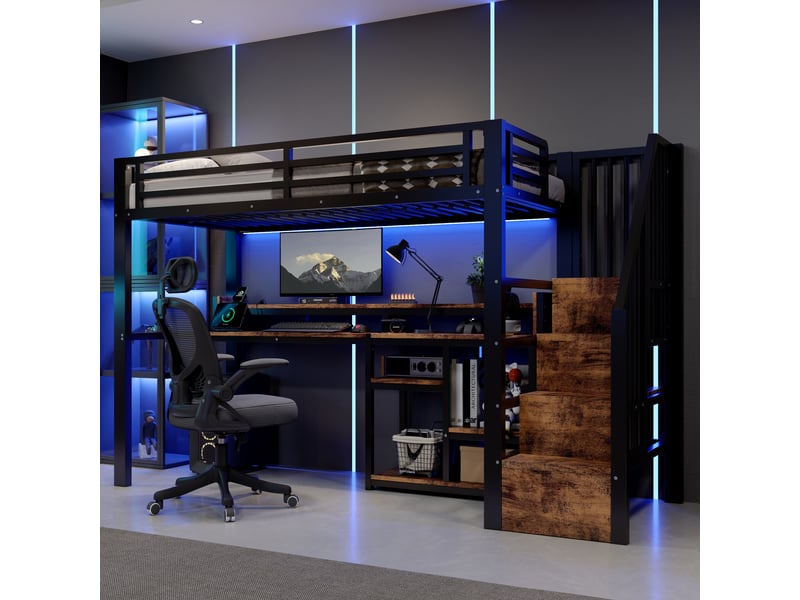  Lit mezzanine enfant simple 90×200 cm avec étagères, usb, type-c et led - okmyhome- sans matelas noir  - Conforama B