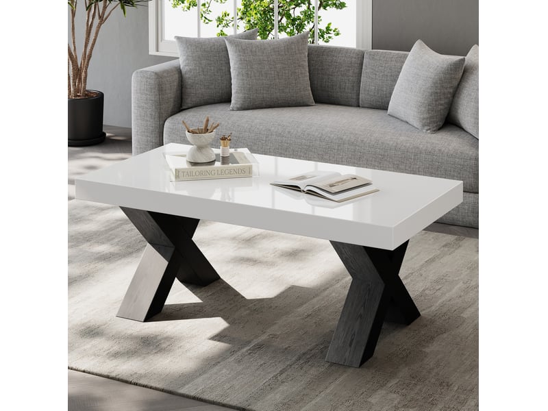 Table basse rectangulaire 100x50x40 cm à pieds en x, mdf blanc et noir - Conforama B