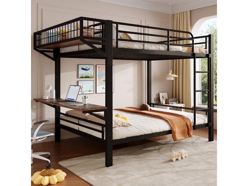  Lit superposé 140 x 200 cm – avec bureau – avec barrières de sécurité – avec échelle – noir (matelas non inclus)  - Conforama R