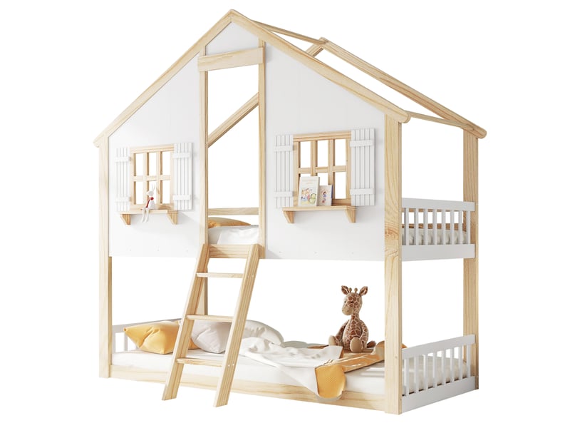  Lit superposé cabane enfant 2 x 90 x 200 cm blanc et naturel Fay Lum - Conforama A