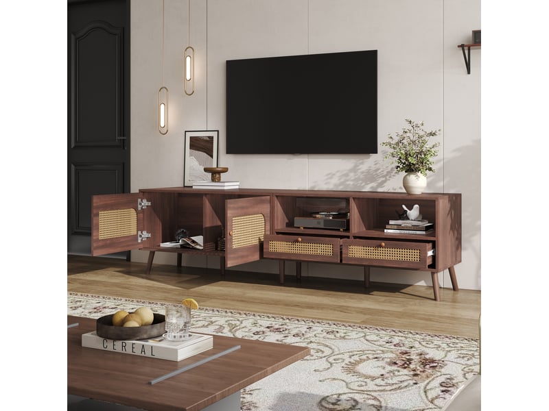  Meuble tv 200x37x49,5cm avec 2 tiroirs et 2 portes, rotin pe, poignées rondes en bois, panneaux de particules, marron  - Conforama C