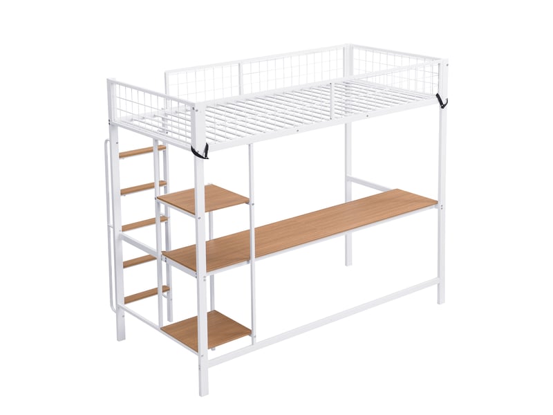  Lit superposé en fer avec table et étagères, adapté aux enfants et adolescents, avec échelle à cinq marches et barrière de sécurité, en fer et mdf, blanc et naturel, 90 x 200 cm.  - Conforama E