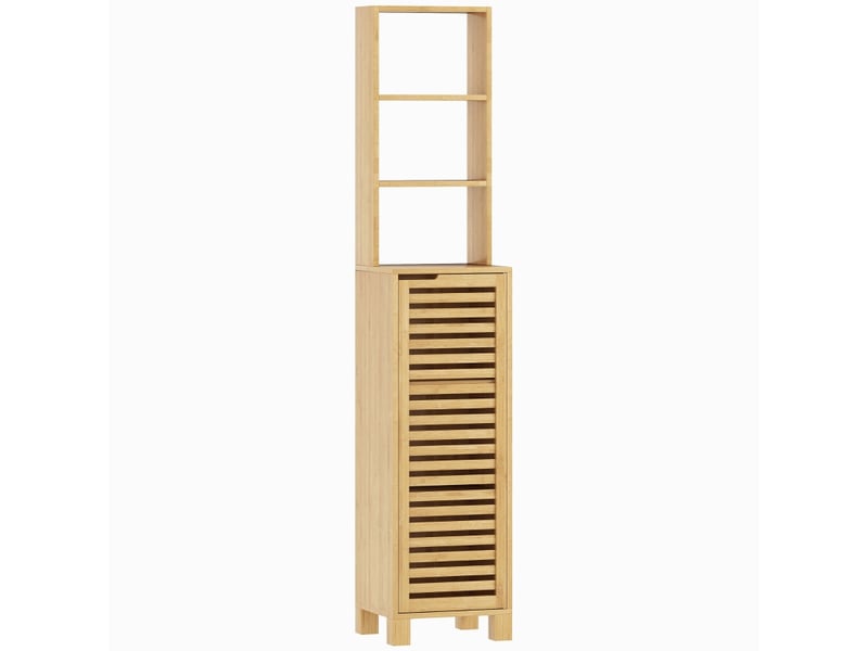  Meuble de salle de bain étroit en bambou avec 3 étagères ouvertes réglables et porte à lattes, 34 x 30 x 170 cm  - Conforama A