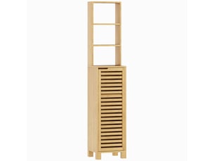 Meuble de salle de bain étroit en bambou avec 3 étagères ouvertes réglables et porte à lattes, 34 x 30 x 170 cm