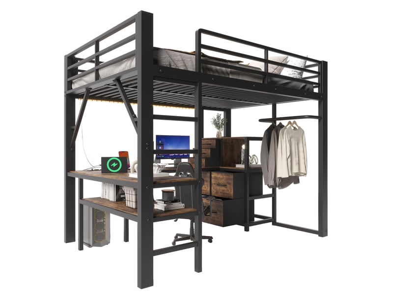  Lit mezzanine 140x200 cm avec bureau d'angle, led, 7 tiroirs en tissu, penderie, prises euusb-c, en 747, sans matelas, brun vintage et noir OPULERANE TRADING LTD - Conforama A
