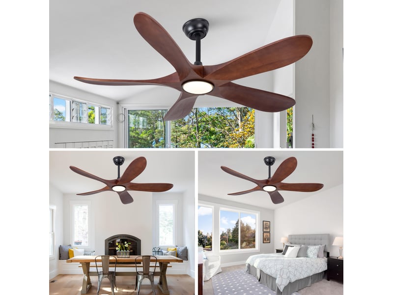  Ventilateur de plafond 132 cm avec éclairage, 5 pales en bois noyer et noir  - Conforama B