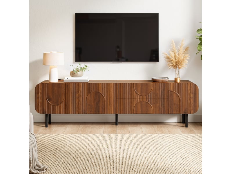  Meuble tv 180x40x47.5 cm avec 3 portes et 2 tiroirs en mdf et panneaux de particules noyer  - Conforama D