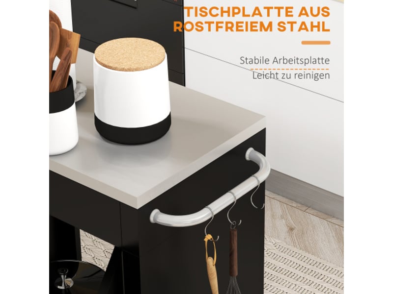  Desserte de cuisine noire à roulettes 86x50x86,5 cm avec placard, crochets et poignées acier inoxydable  - Conforama D