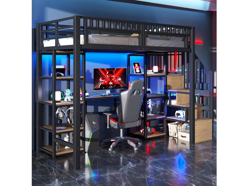 Lit mezzanine 90 x 200 cm rangements bureau intégré bande led prises échelle cadre métallique noir sans matelas - Conforama W