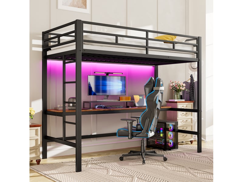  Lit mezzanine enfant 90 x 200 cm noir avec bureau, led, usb et prise intégrée  - Conforama D