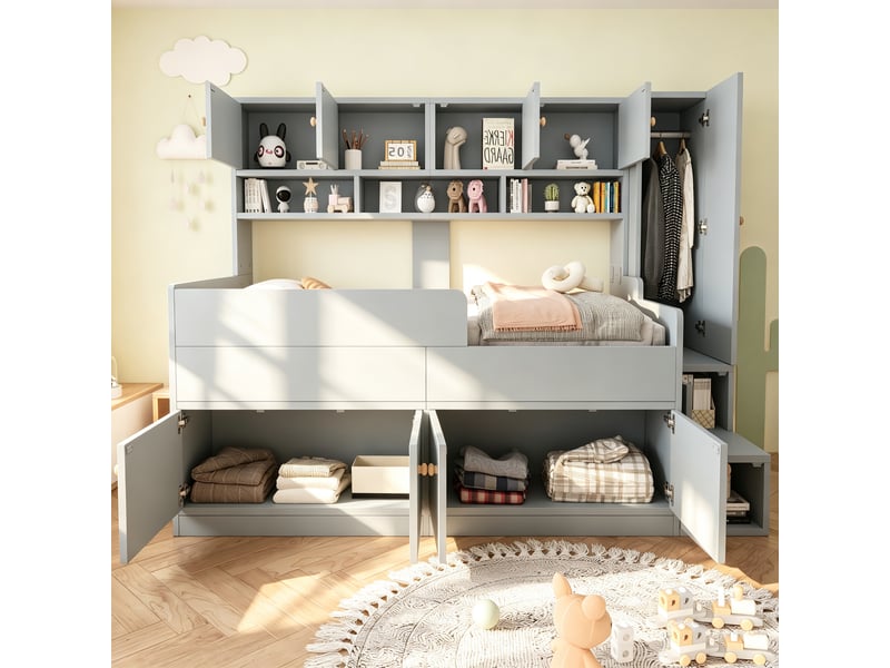 Lit mezzanine enfant 90 x 200 cm avec armoire et rangements intégrés, échelle simple, éclairage led et barrière de sécurité, bois, gris OMNIGLINT TRADING LTD - Conforama E