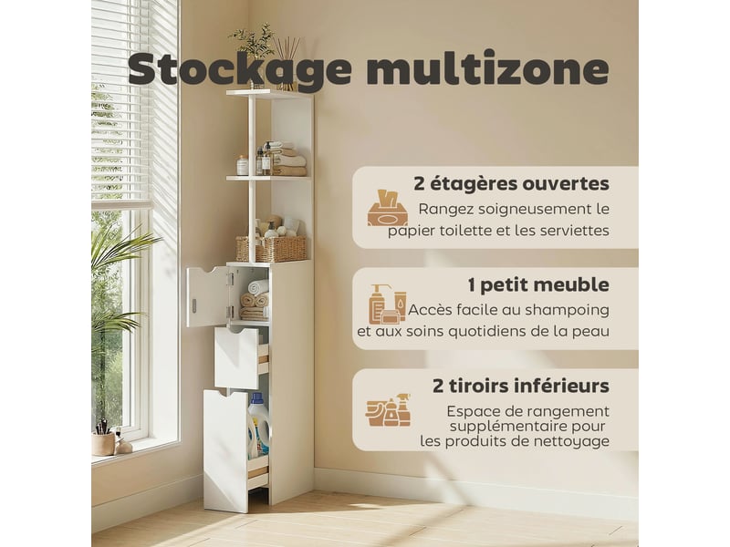  Meuble colonne salle de bain armoire de salle de bain avec tiroirs étagères ouvertes placard blanc 15 x 33 x 136,8 cm  - Conforama E